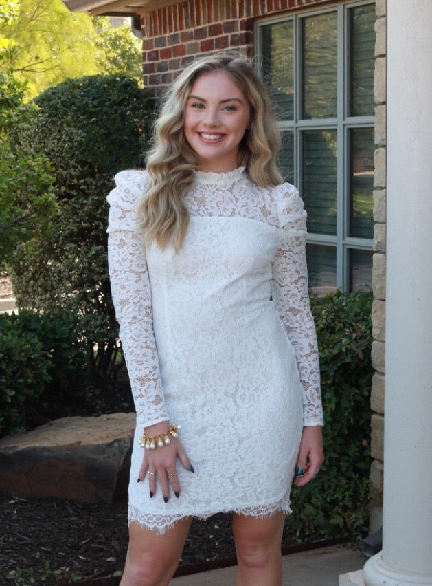 *Main Strip SWORN Lace HiNeck Puff Sleeve ScallopHem Dress