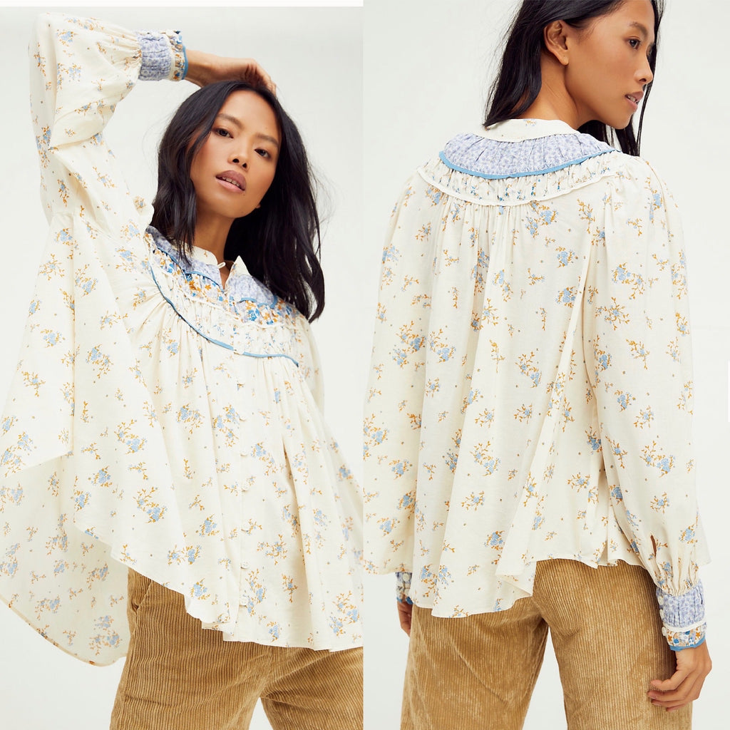 FREE PEOPLE Floral PALOMA ButtonDown Pleated Yoke Top