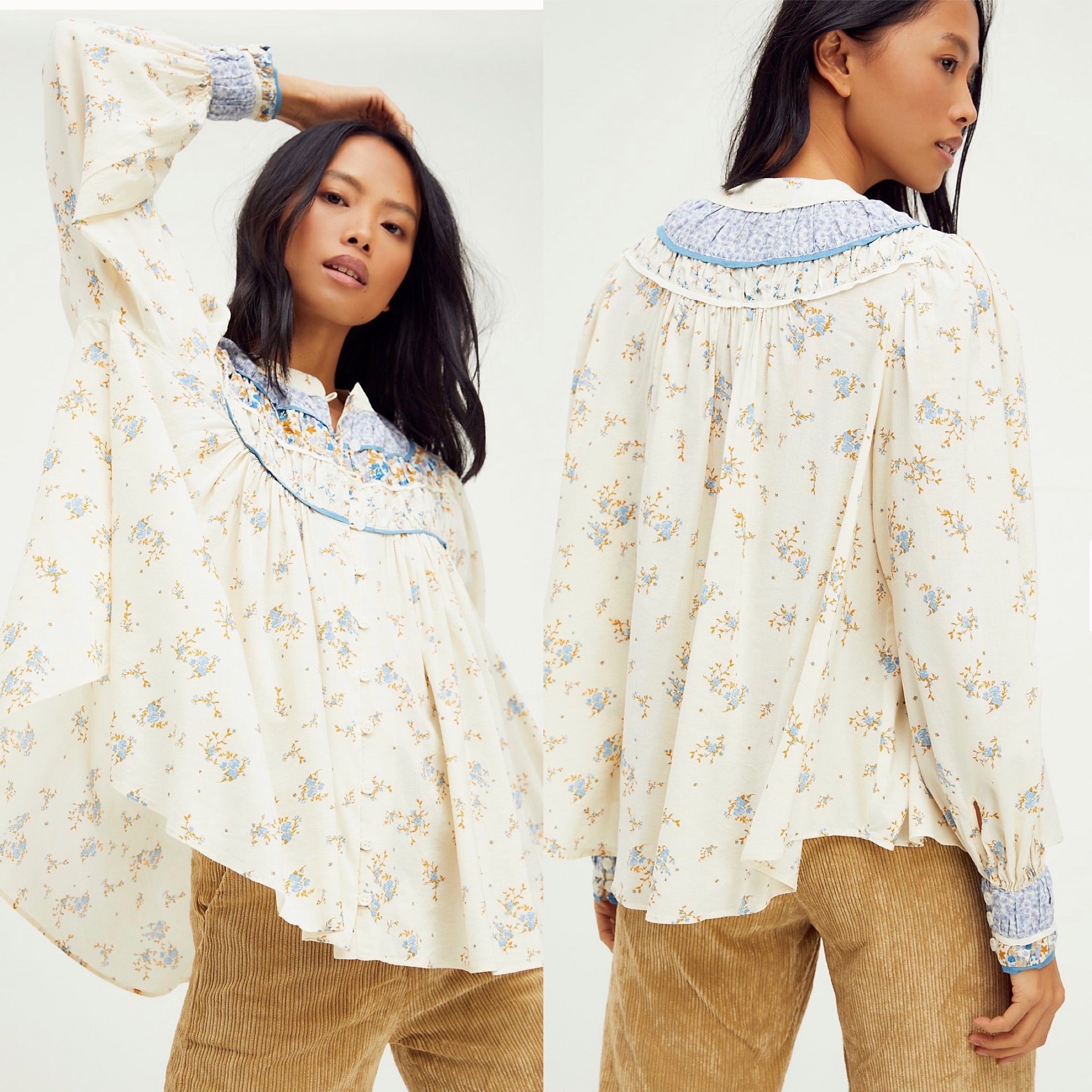 FREE PEOPLE Floral PALOMA ButtonDown Pleated Yoke Top