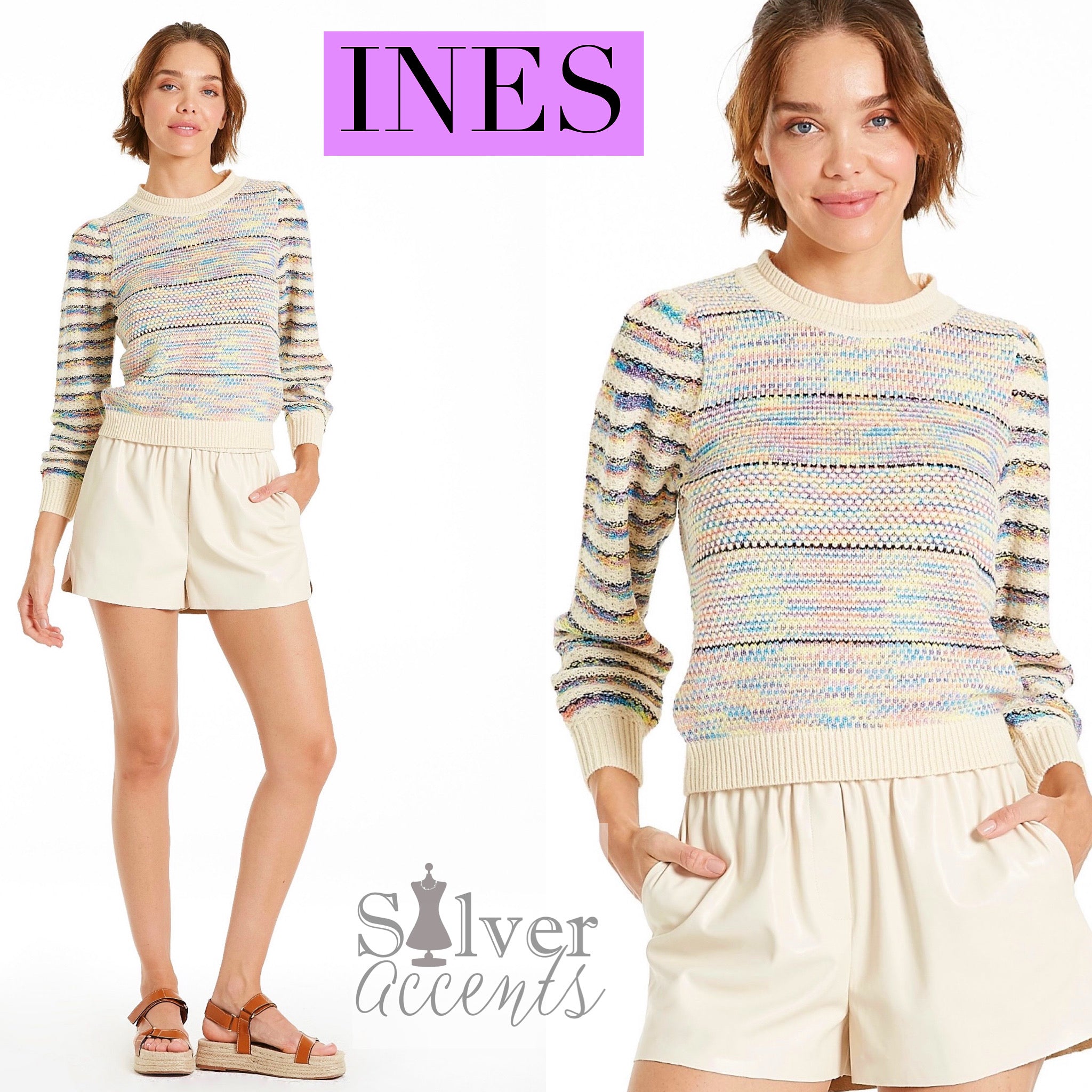 ANOTHER LOVE Puff Sleeve INES Striped CrewNeck Sweater
