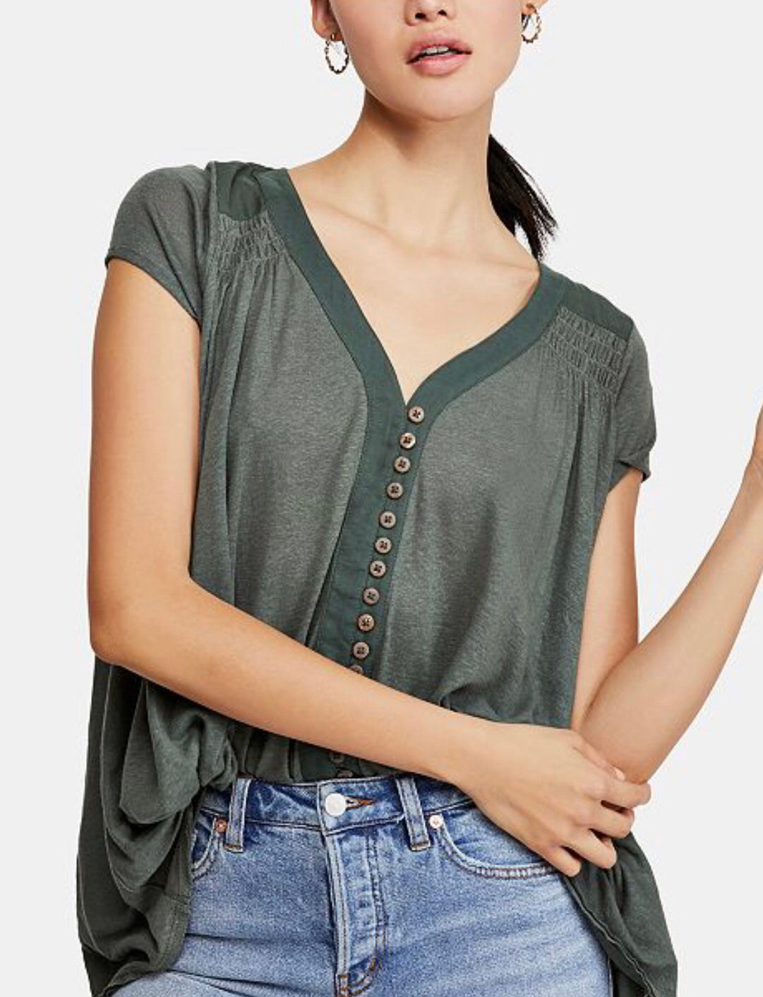 FREE PEOPLE Army HIGHLAND ButtonFront Smocked HiLo Tee Top