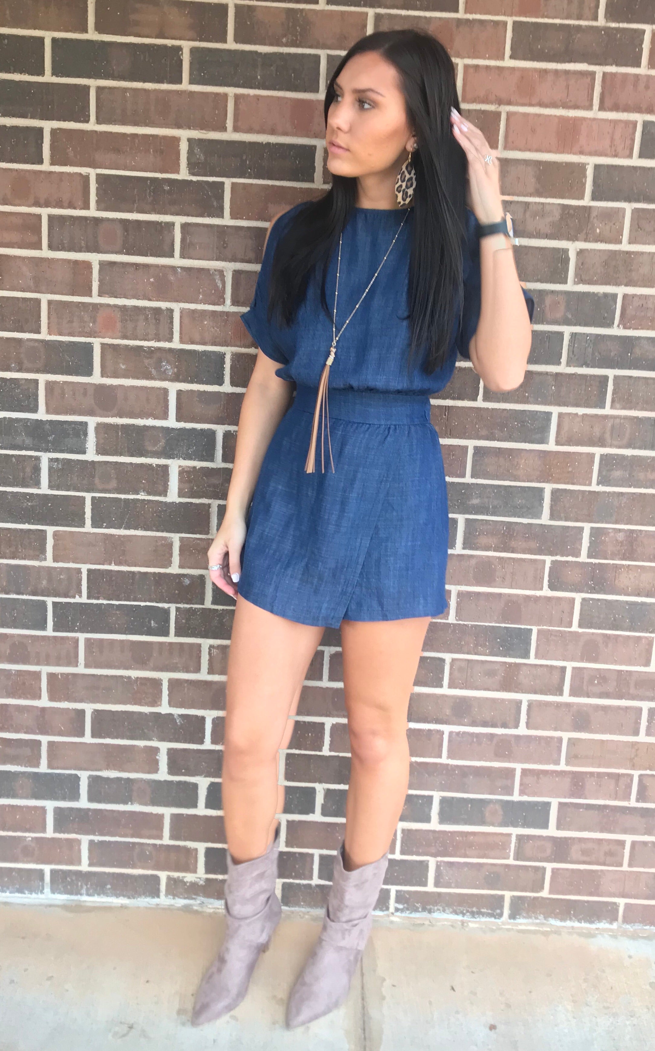TCEC Denim FORESIGHT Slit Sleeve Faux Wrap Short Romper