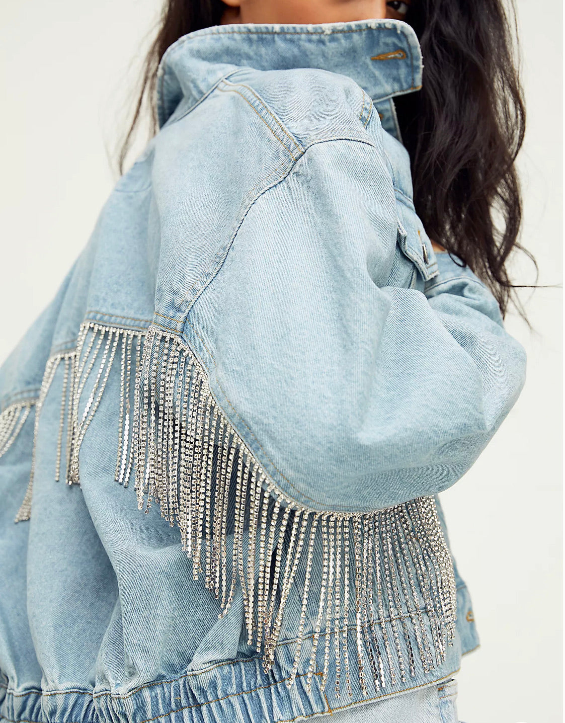 FREE PEOPLE Rhinestone Fringe COMET Denim Bomber Jacket