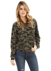 BOBI SAVAGE Text Camo Print Kanga Pocket Pullover Tunic Top