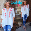 ISABELA Embroidered Floral V-Neck Henley RollSleeve Top