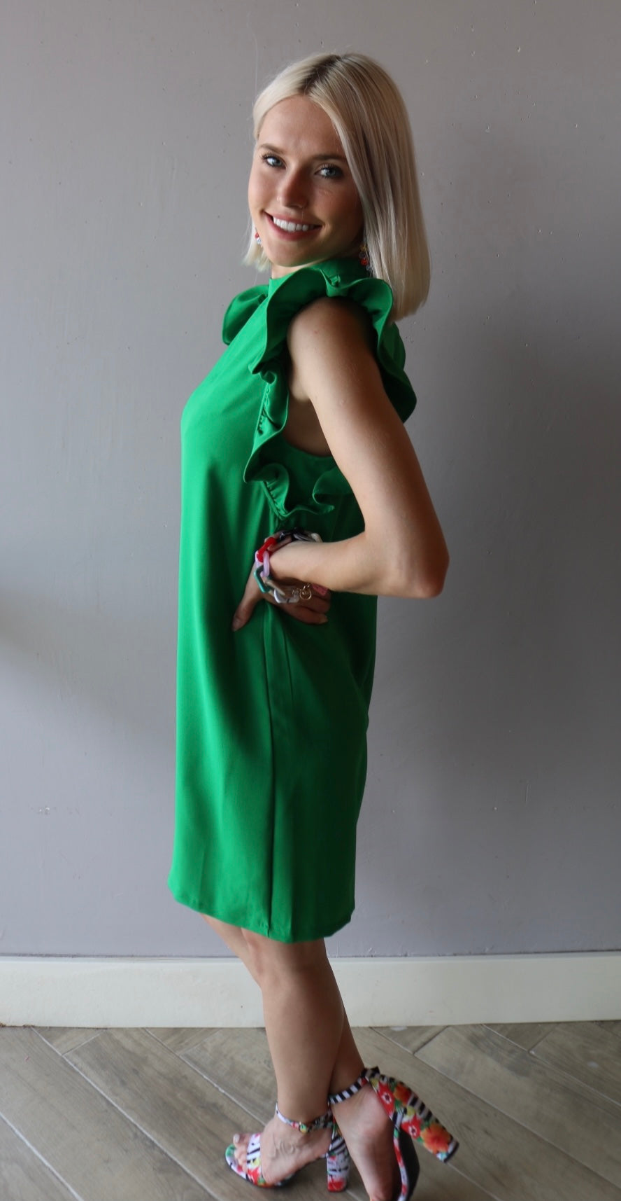 CHIME IN Ruffled Sleeve High Neck Dress