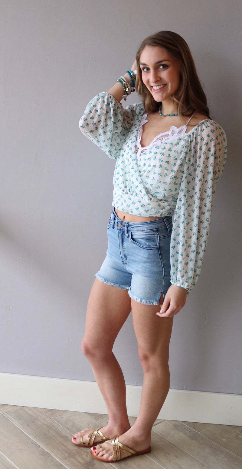 FREE PEOPLE Cream Combo SWEETIE PIE Floral CrossOver Chiffon WaistLength Top