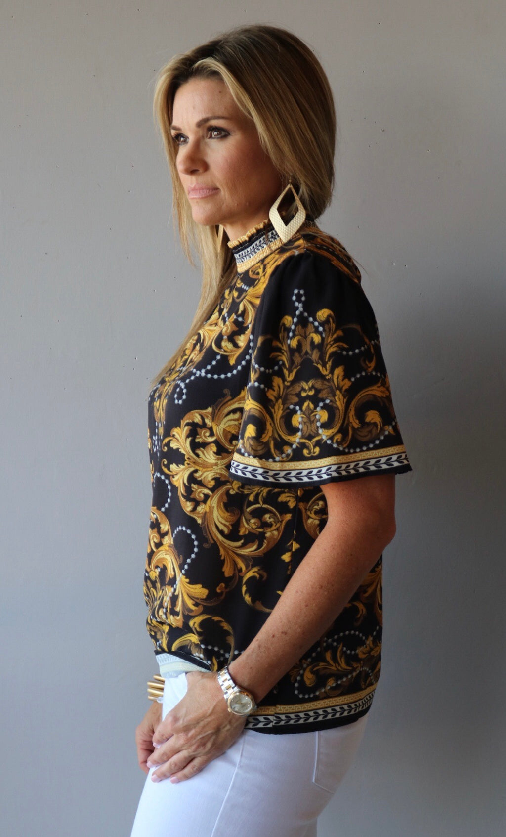 HIERARCHY Baroque Border Floral SmockNeck ShortSleeve Top