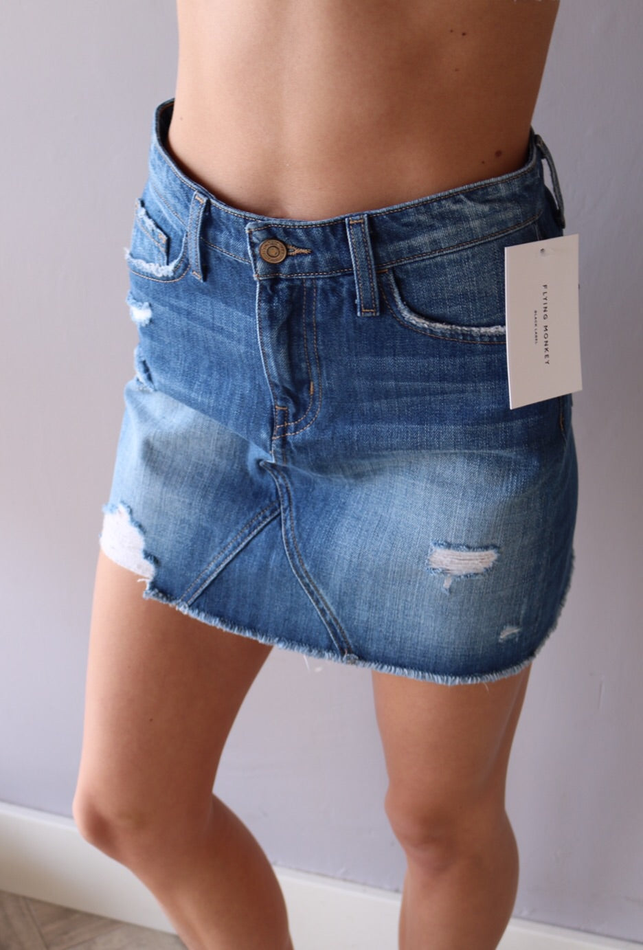 FLYING MONKEY Distressed GET OUT BLUE FrayHem Skirt