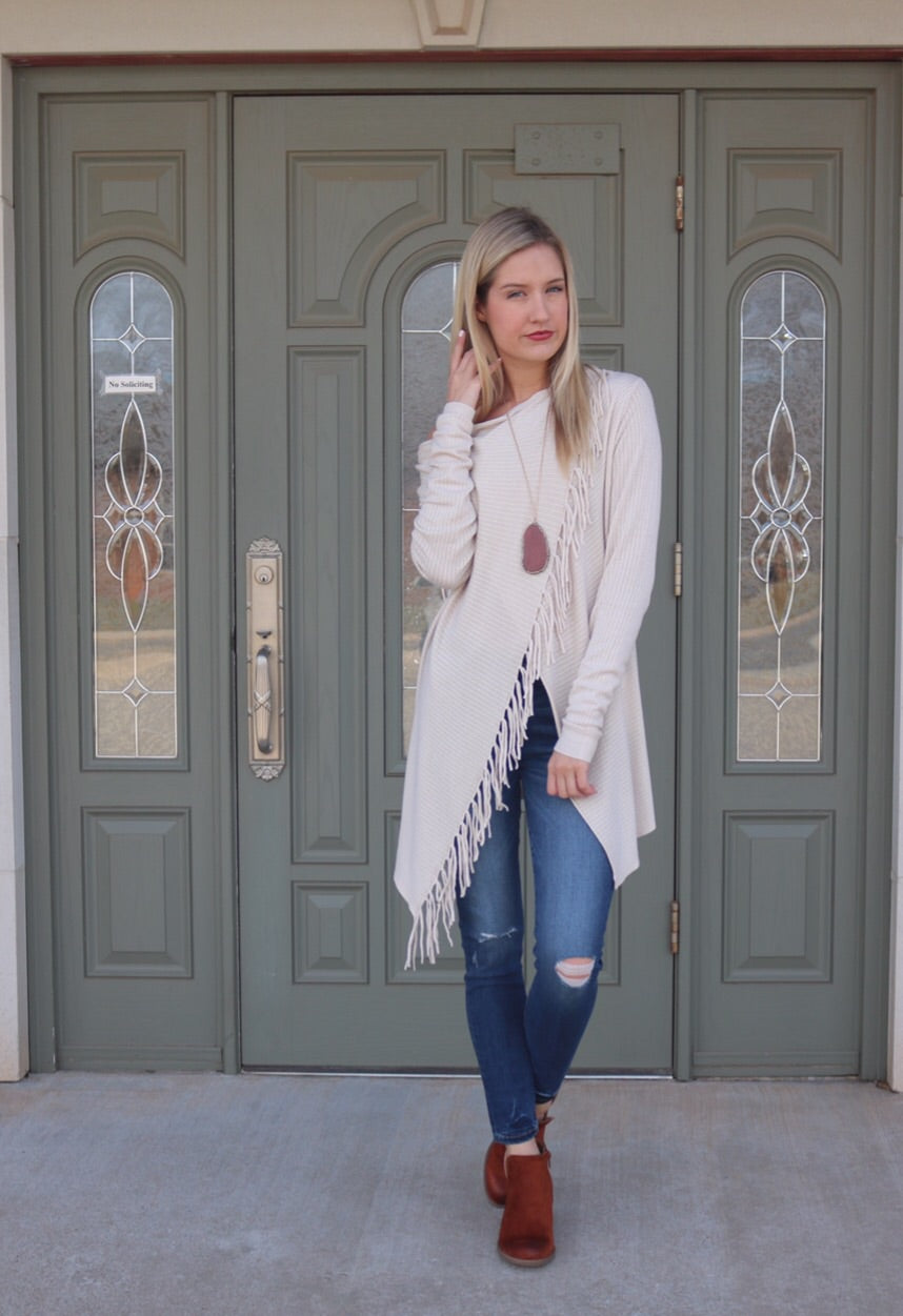 VOYAGE Fringe Pointelle Crossover Cardigan Sweater Top