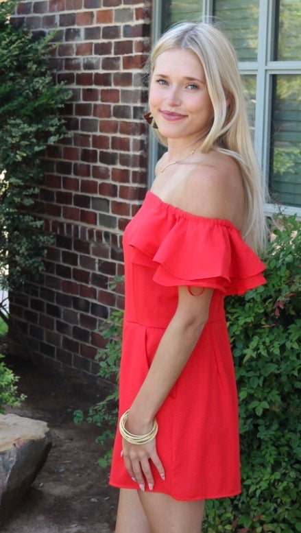 FOUNDER Ruffled OffShoulder Woven Romper w/Pockets