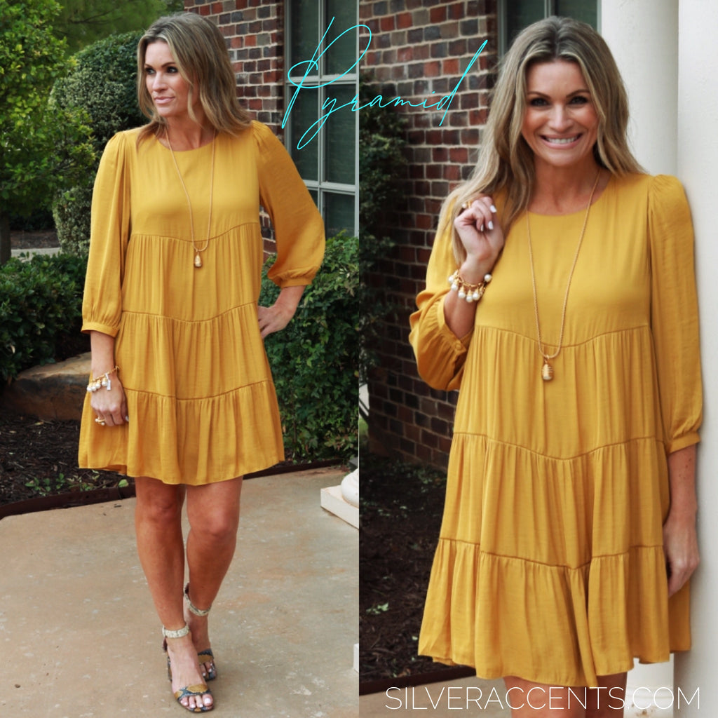 PYRAMID Tiered 3/4 Sleeve MatteSatin Dress