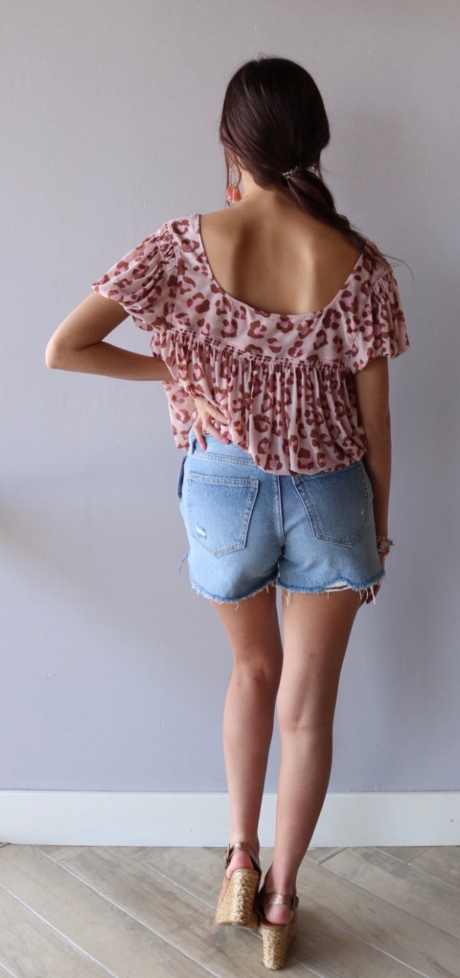 FREE PEOPLE Mesh MEG’S BLOUSE Animal Print BubbleHem Top