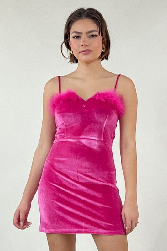 FLYING Feather~Trim Notch Velvet Dress