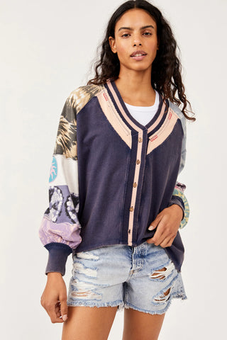 Free People MARLEY Button Down Striped Placket Print Sleeve Top