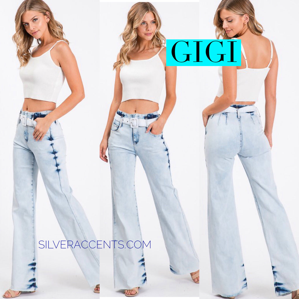 GIGI High Waisted Acid Wash Belted Stretch Flare Jean