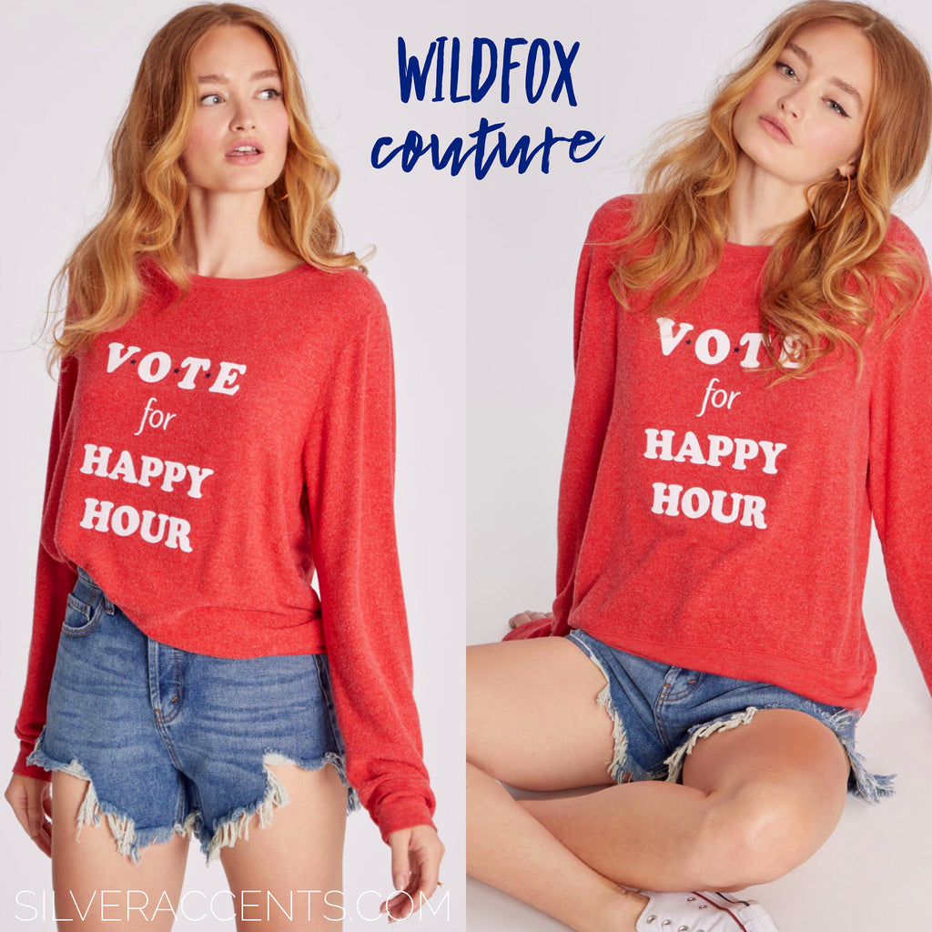 WILDFOX COUTURE Scarlet VOTE FOR HAPPY HOUR Baggy Beach Pullover Top