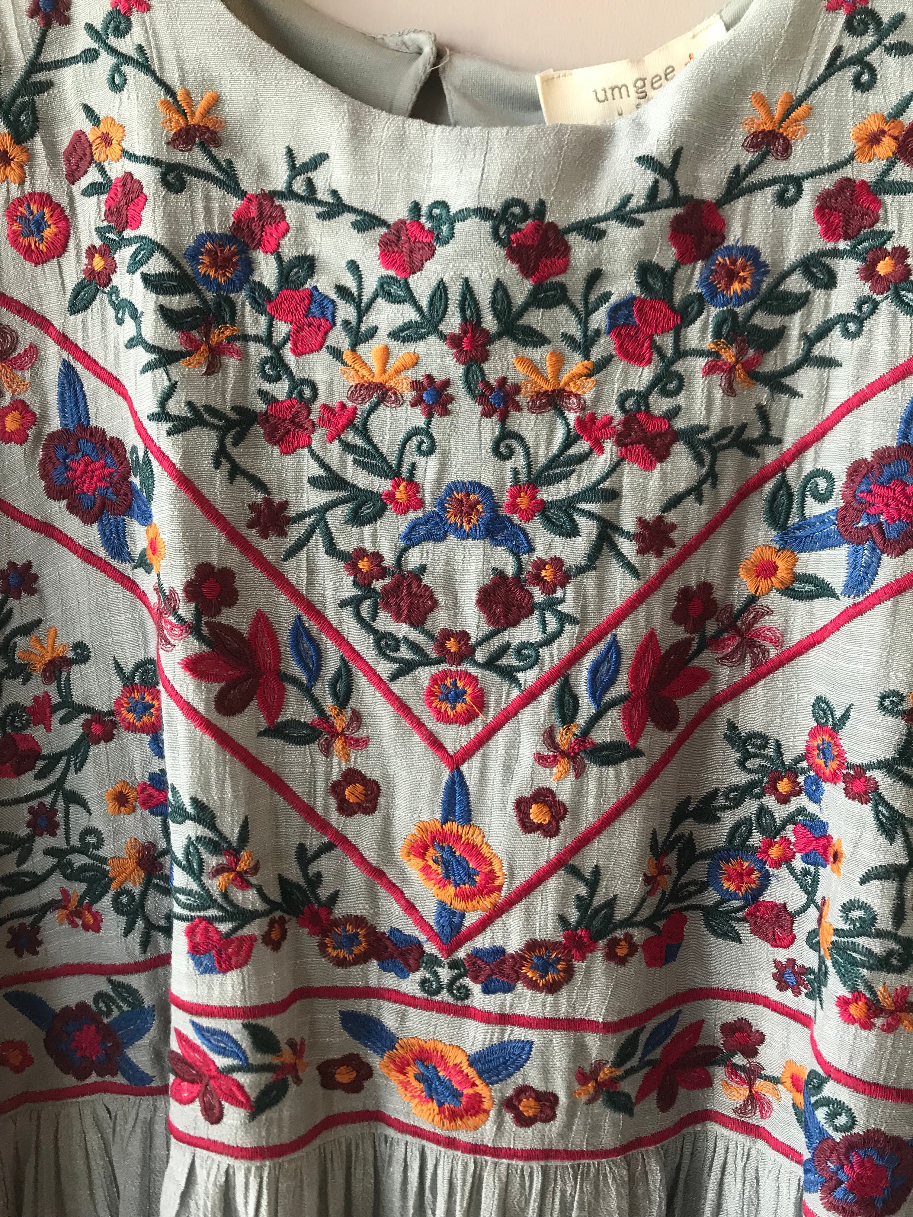 WANDERLUST Embroidered Ruffle Sleeve Grey Dress