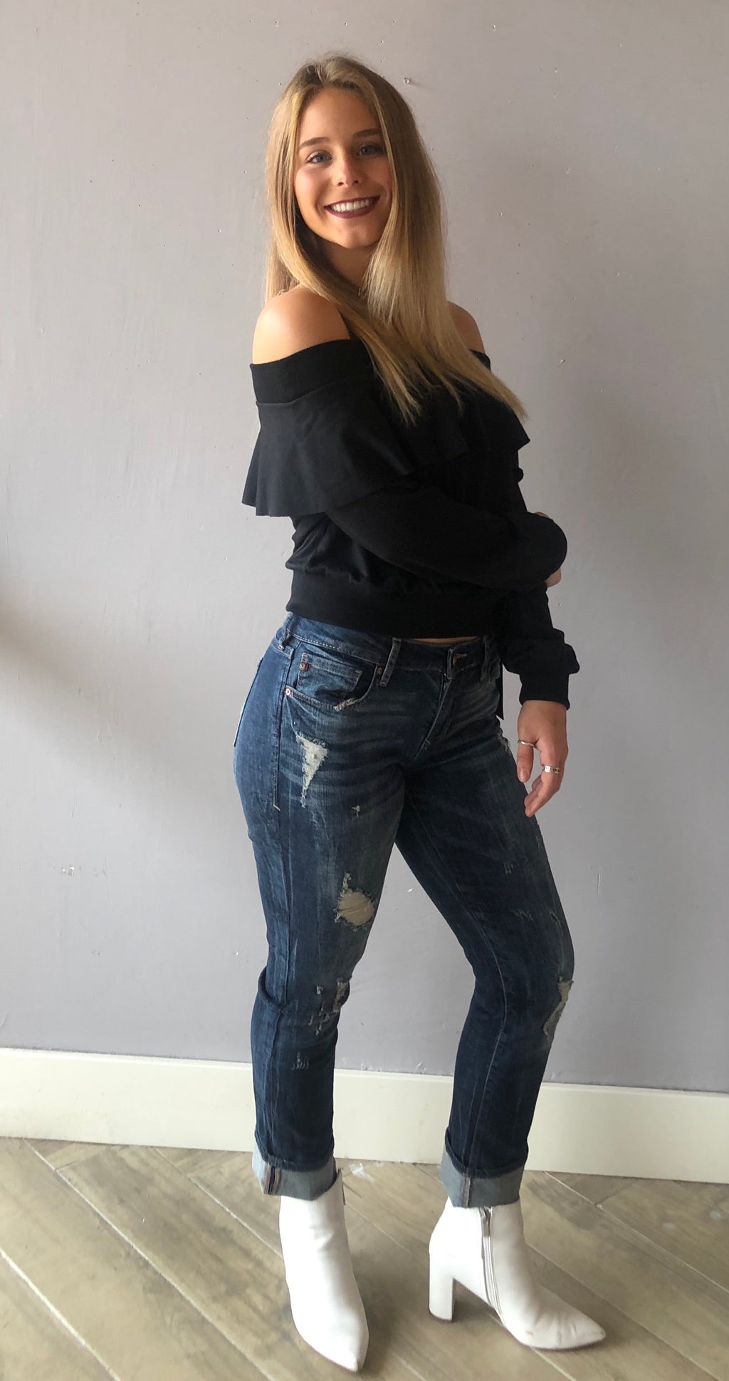 EASE Ruffled OffShoulder TerryKnit Top