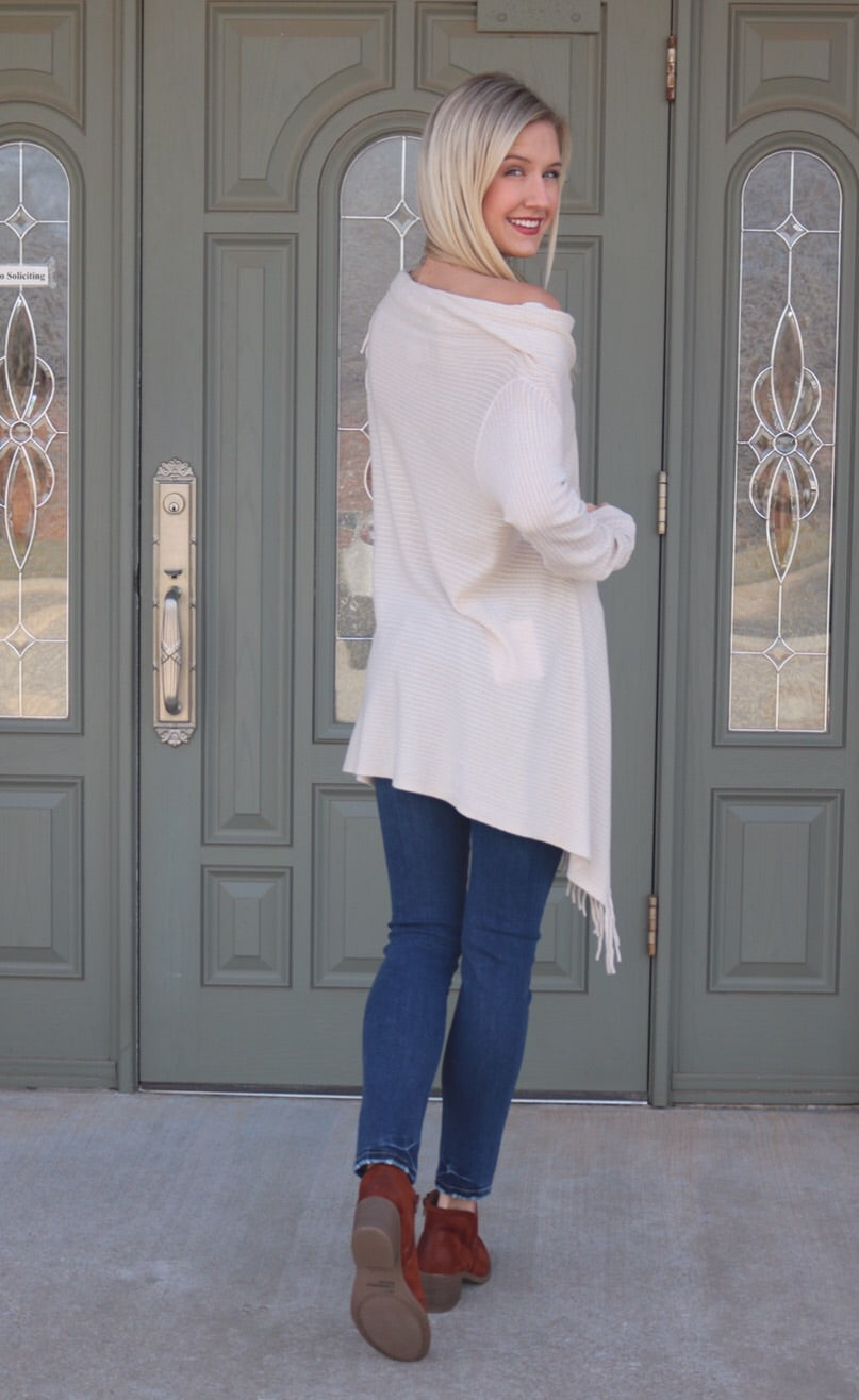 VOYAGE Fringe Pointelle Crossover Cardigan Sweater Top