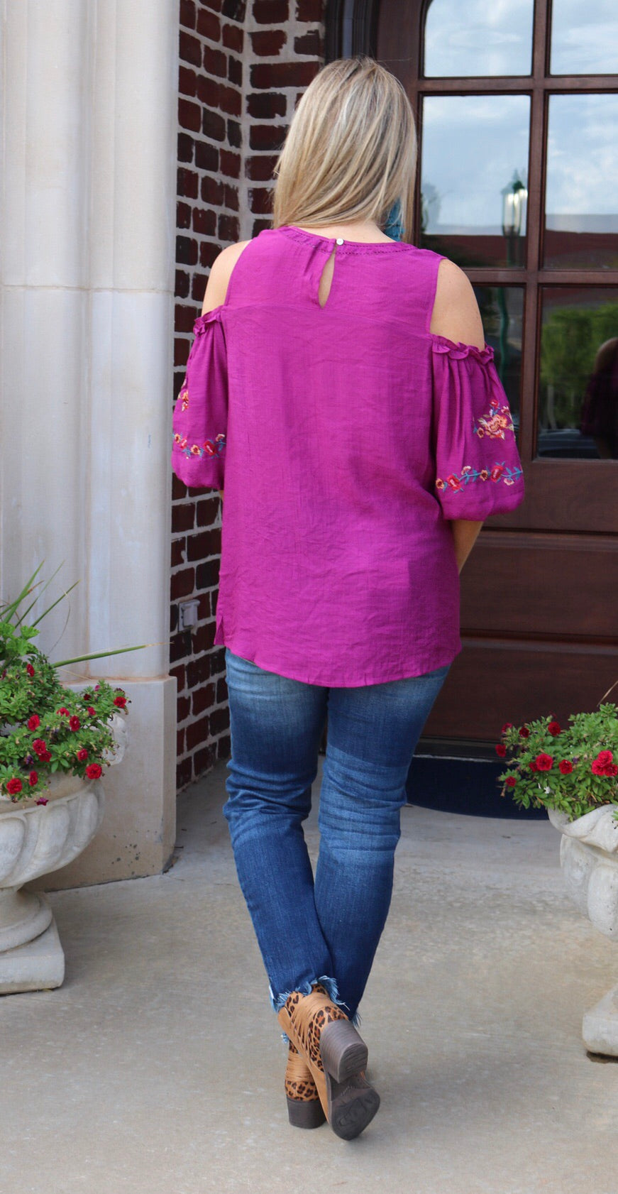 SKY’S THE LIMIT Embroidered Floral ColdShoulder Woven Top