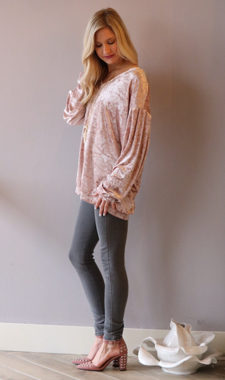 OVERVIEW Crush Velvet V-Neck DropShoulder LongSleeve Pullover Top