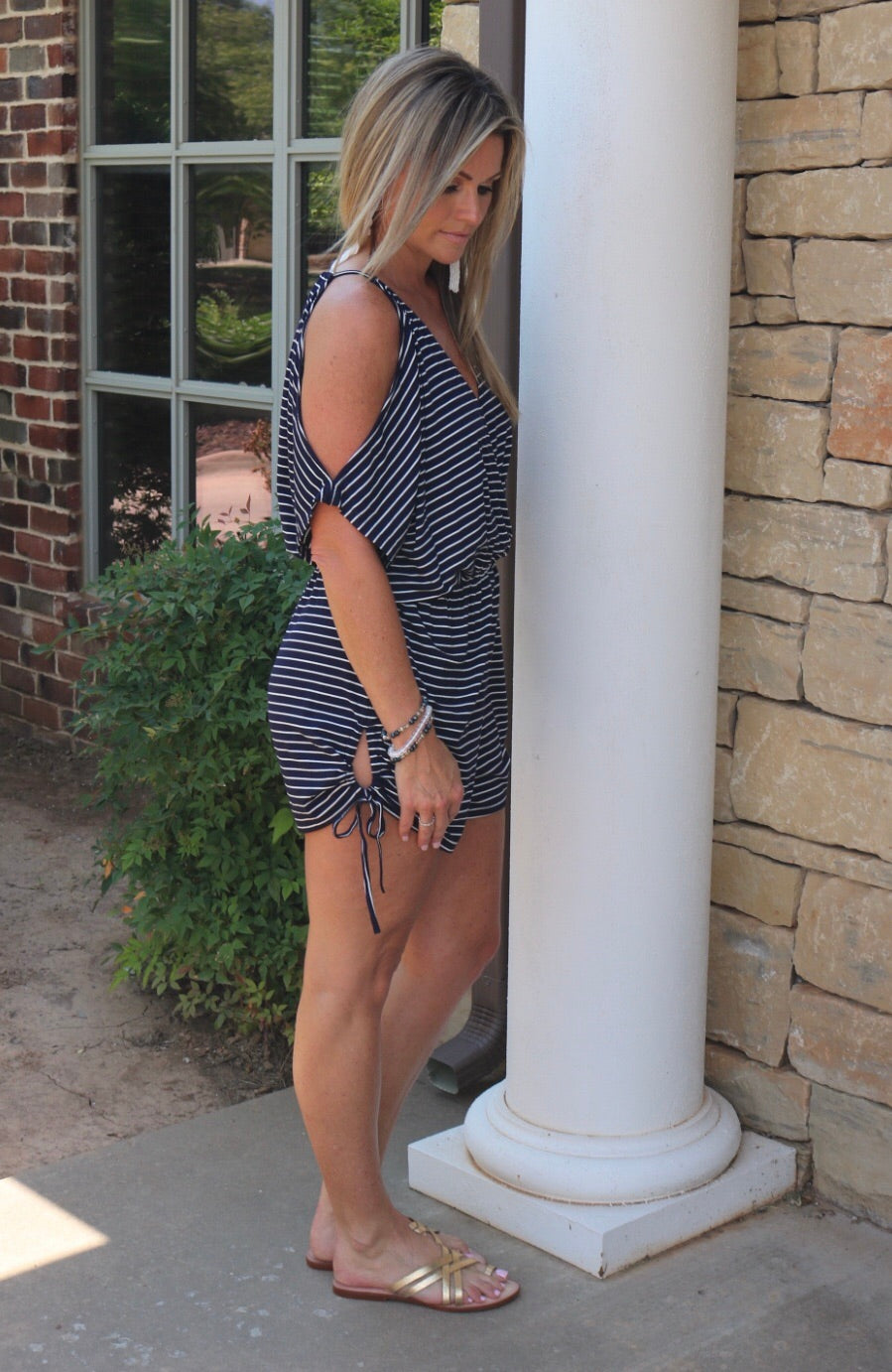 UNITED Stripe ColdShoulder Rouched TieHem/Waist Short Romper