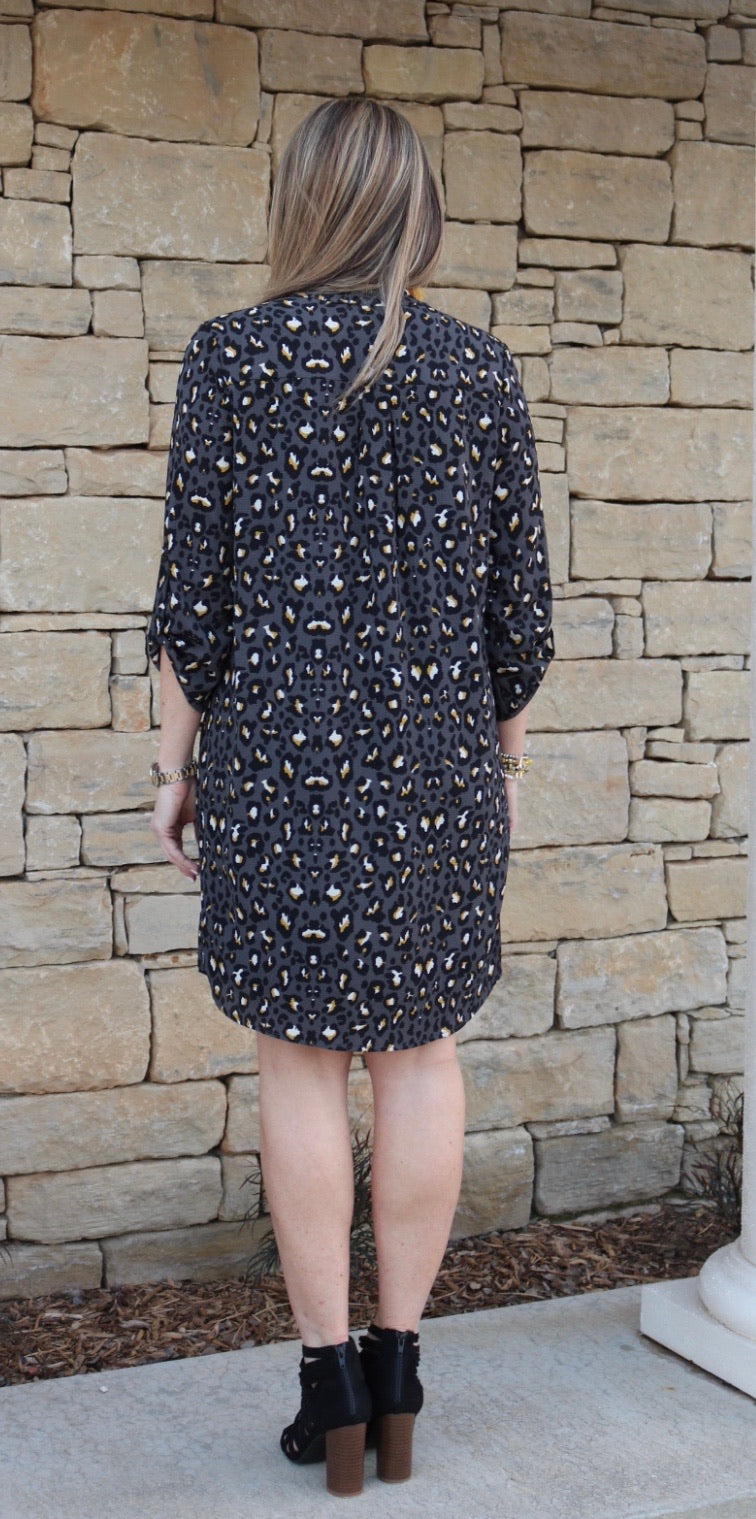 IMAGE Leopard RollSleeve Split VNeck Dress
