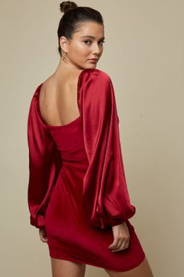 CHEER Velvet Satin~Sleeve BodyCon Dress