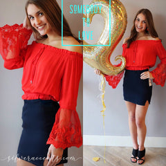 LOVE SOMEBODY Smock OffShoulder Lace BellSleeve Top