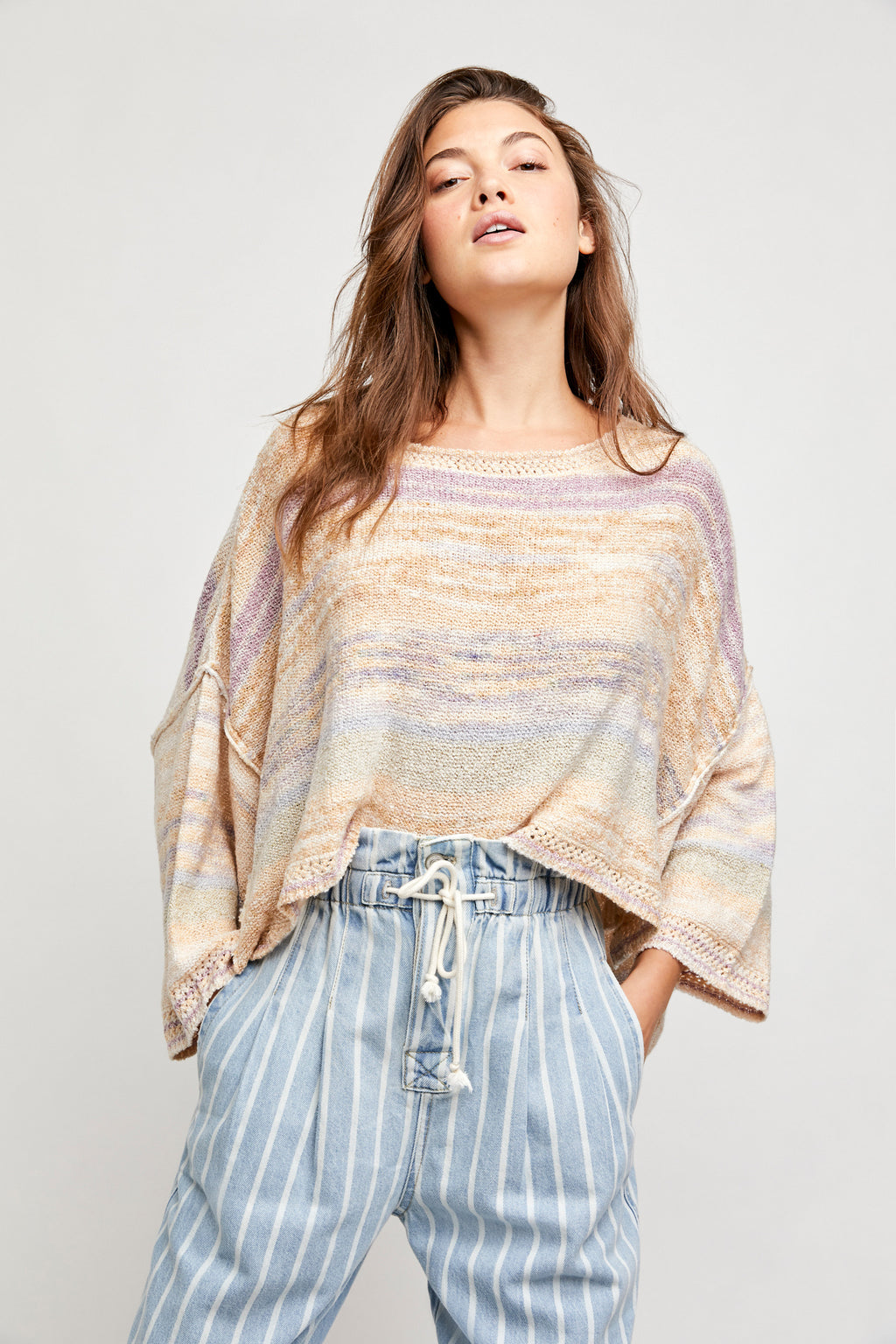 FREE PEOPLE Stripe SATURN Poncho Sweater Top