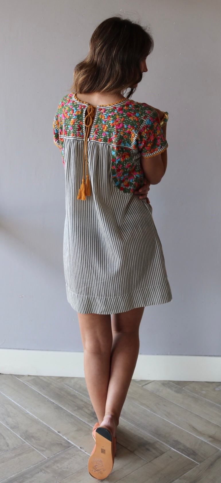 SISTER MARY (Ivy Jane) Stripe MARYLOU Embroidered Floral Dress - Navy / Xsmall SISTER MARY (Ivy Jane) Stripe MARYLOU Embroidered Floral Dress - Navy / Xsmall
