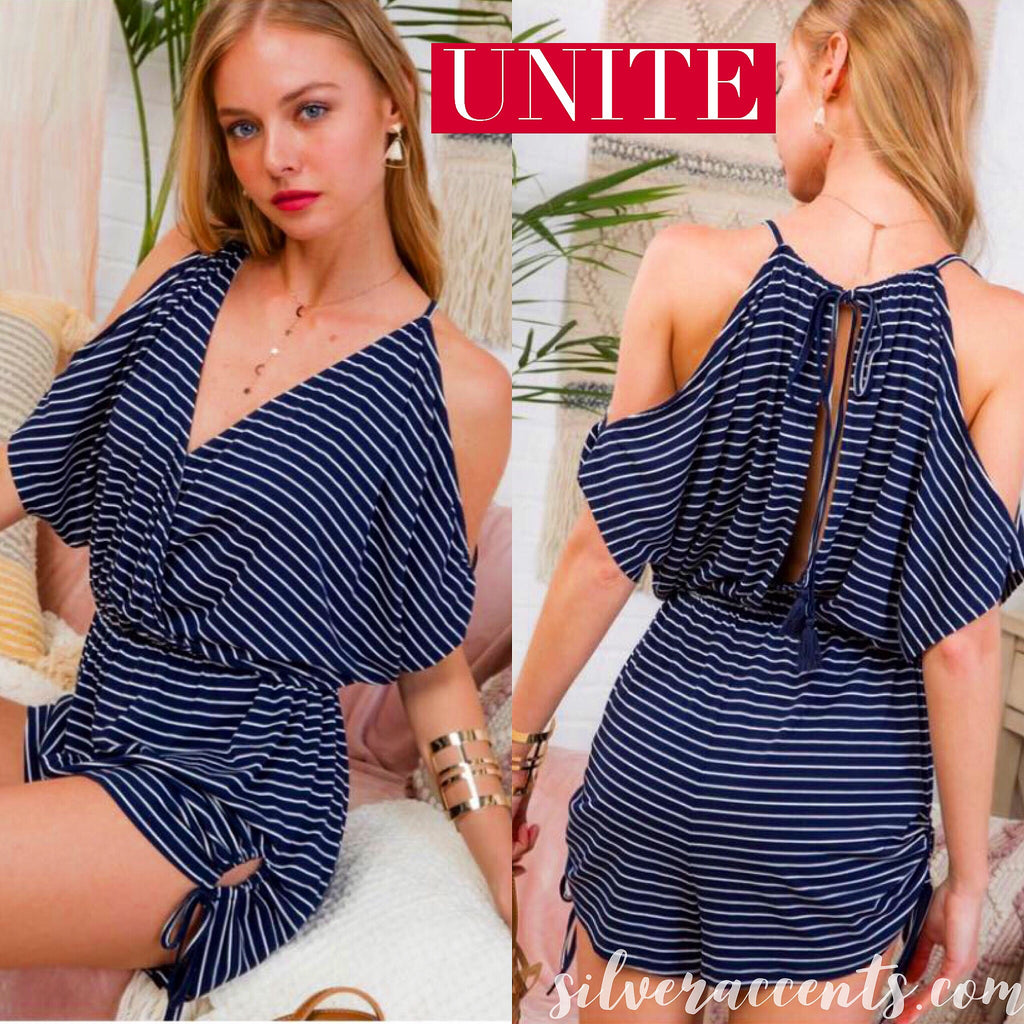 UNITED Stripe ColdShoulder Rouched TieHem/Waist Short Romper