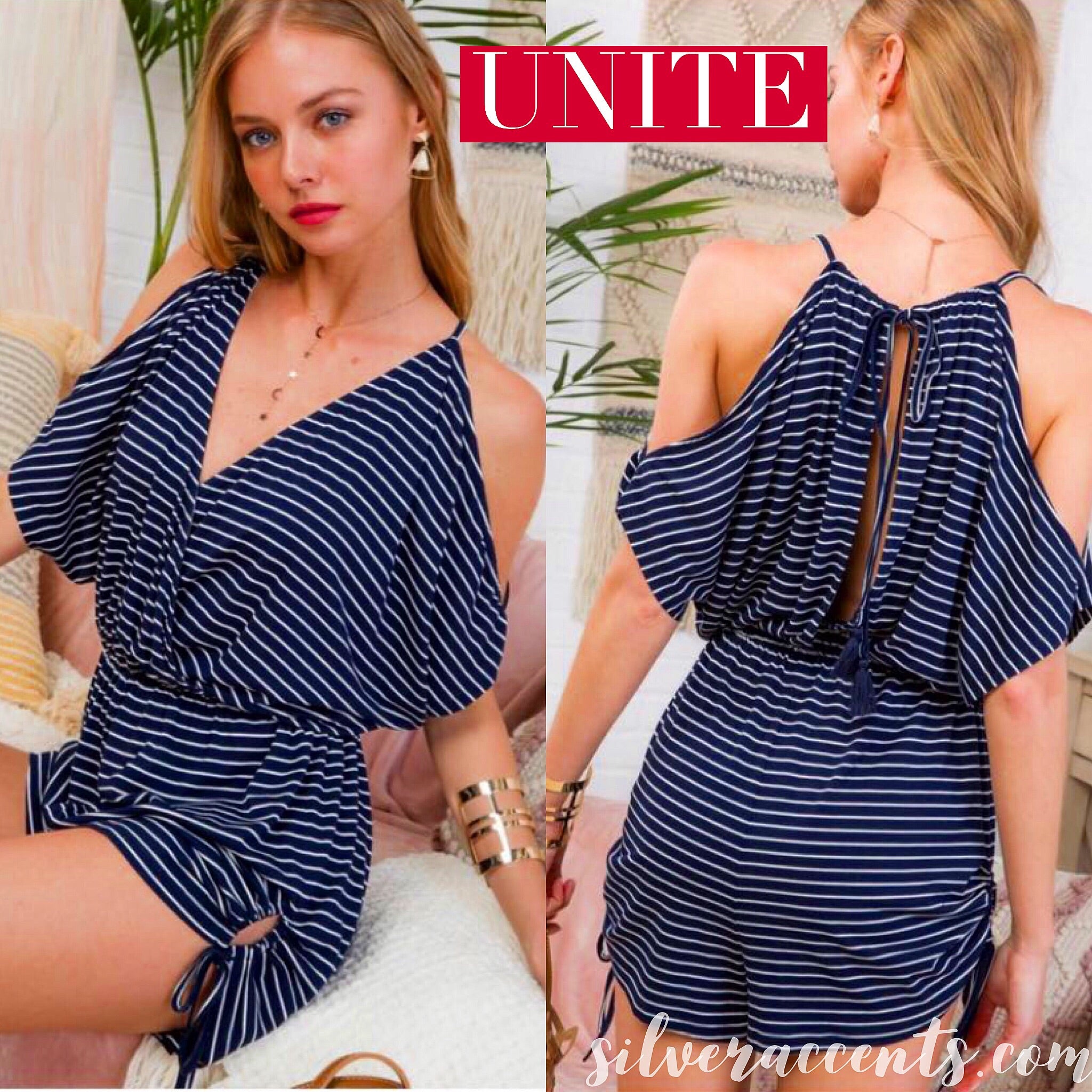 UNITED Stripe ColdShoulder Rouched TieHem/Waist Short Romper