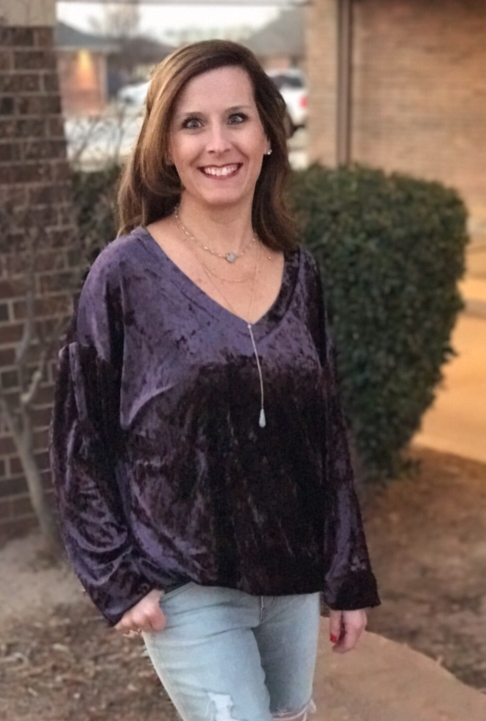 OVERVIEW Crush Velvet V-Neck DropShoulder LongSleeve Pullover Top