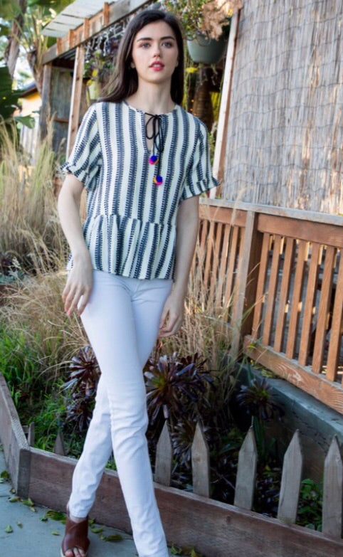 UNDIVIDED Stripe RuffleHem/Short Sleeve Pom TieNeck Top