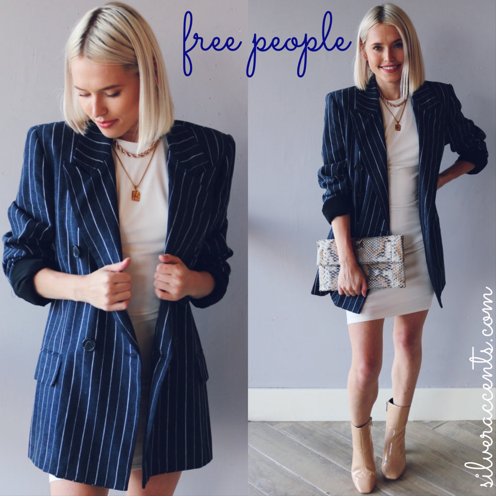 FREE PEOPLE Navy Combo ASHBY Pinstripe Blazer Jacket