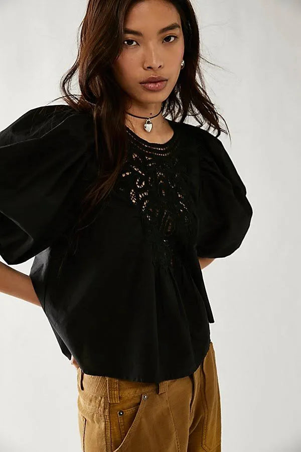 FREE PEOPLE Crochet Front BARDOT PuffSleeve Woven Top