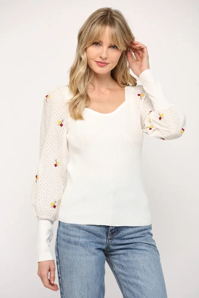 POPPY Embroidered Floral~Sleeve Square~Neck Top