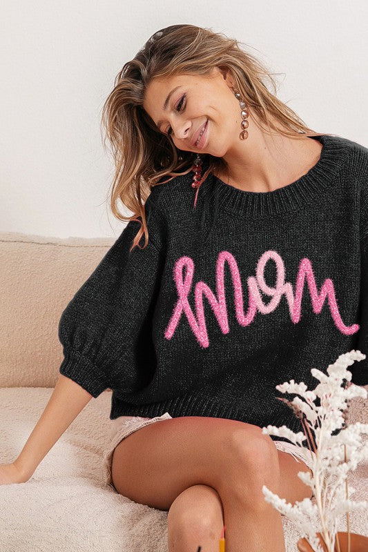 BIBI MOM Tinsel Short Puff~Sleeve Sweater