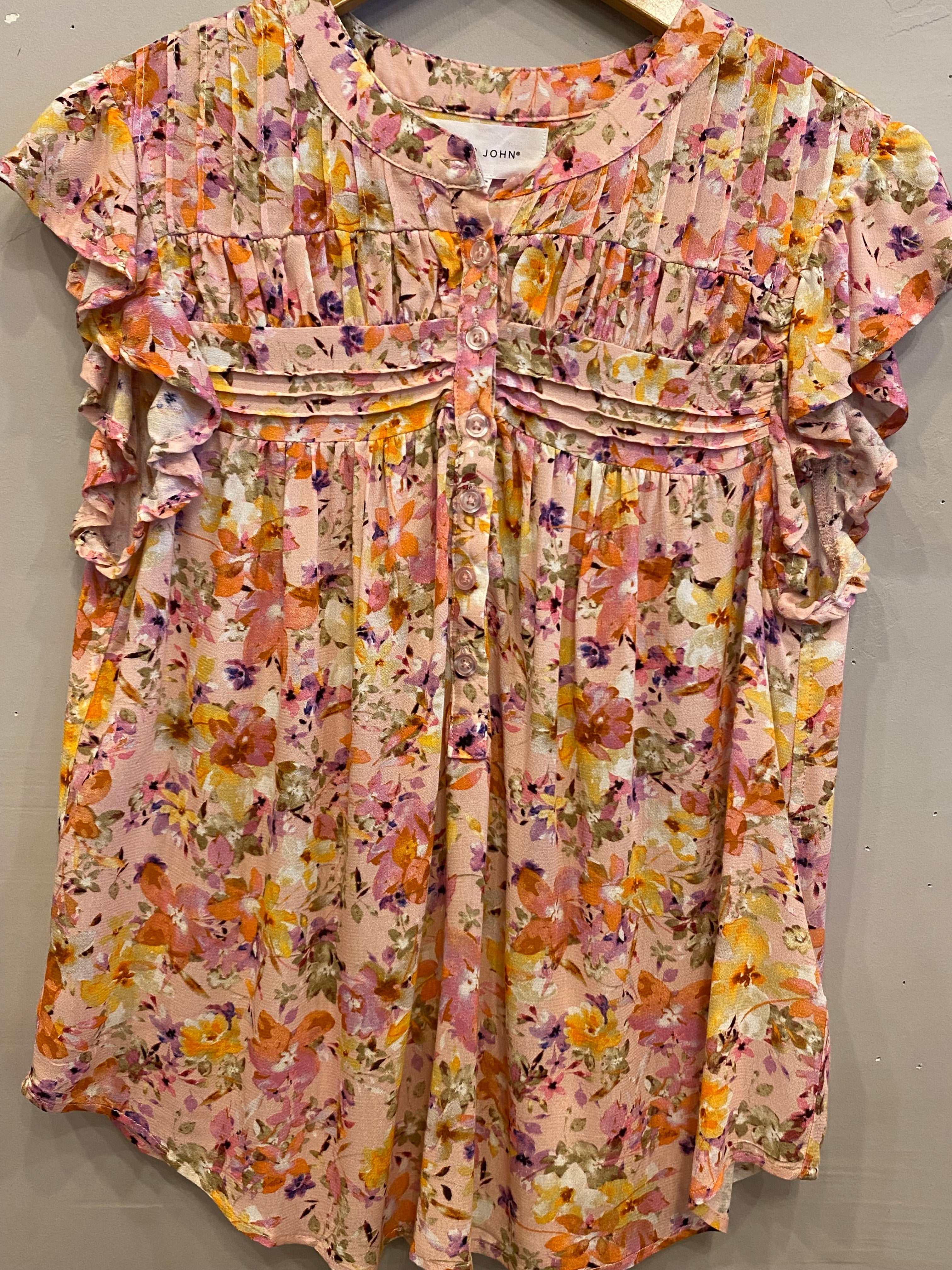 DEAR JOHN Ruffle~Sleeve ROSE Pin~Tuck Top