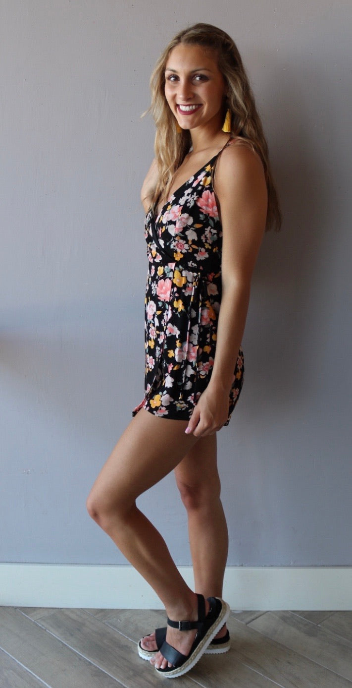 Blue Blush BOUNTY Floral Wrap V-neck Shorts Romper