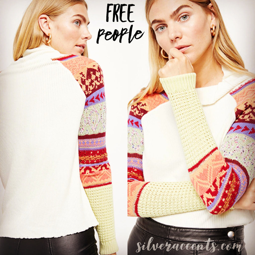 FREE PEOPLE Ivory Multi PRISM SWIT Contrast Sleeve Sweater Top