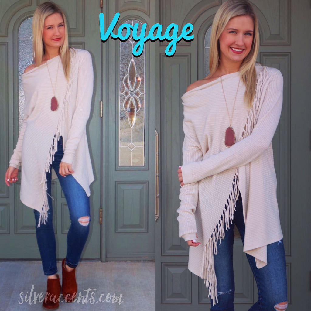 VOYAGE Fringe Pointelle Crossover Cardigan Sweater Top
