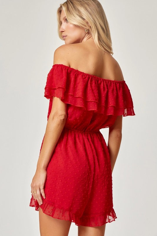 PLEDGE Ruffle OffShoulder SwissDot Romper