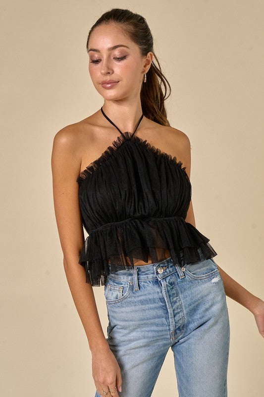 WINK Cross~Neck Ruffle Organza Top