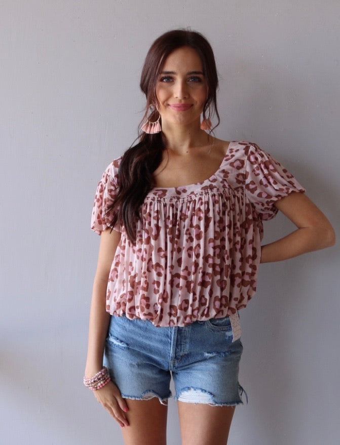 FREE PEOPLE Mesh MEG’S BLOUSE Animal Print BubbleHem Top