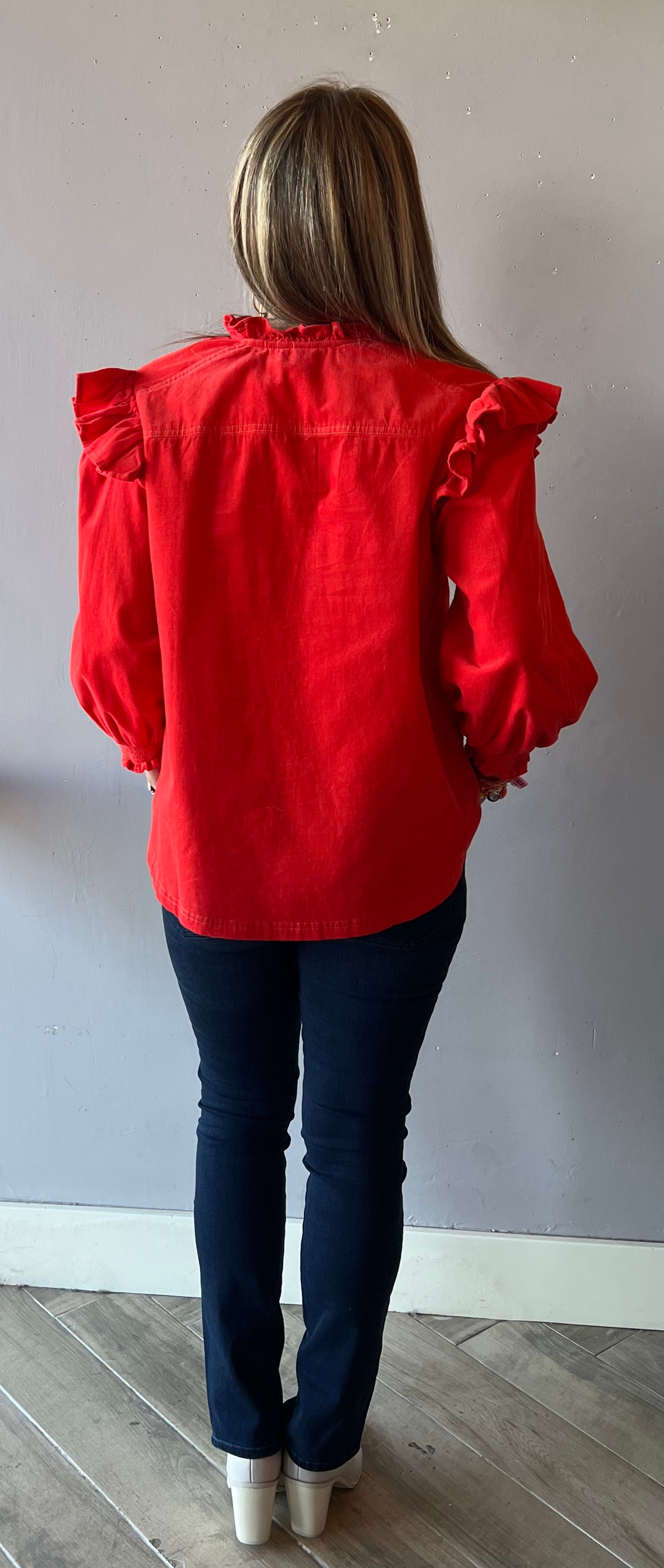 IVY JANE Corduroy FRIDAY Flounce~Shoulder ButtonDown Top