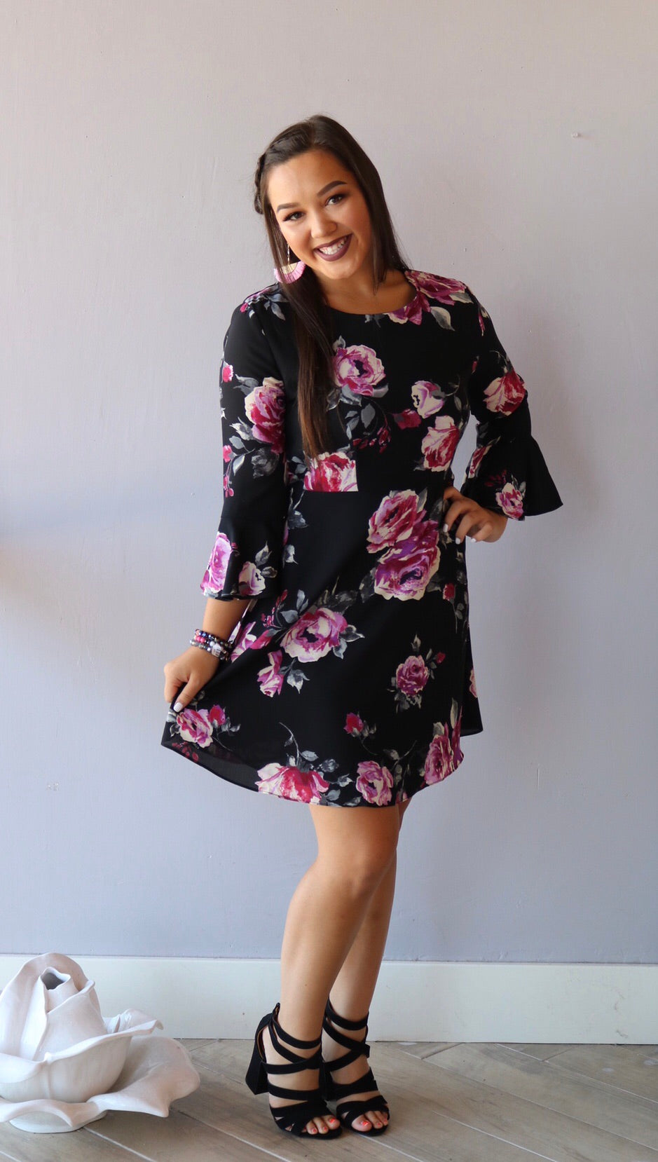 INFLUENCE Floral 3/4 BellSleeve Fit & Flare Dress