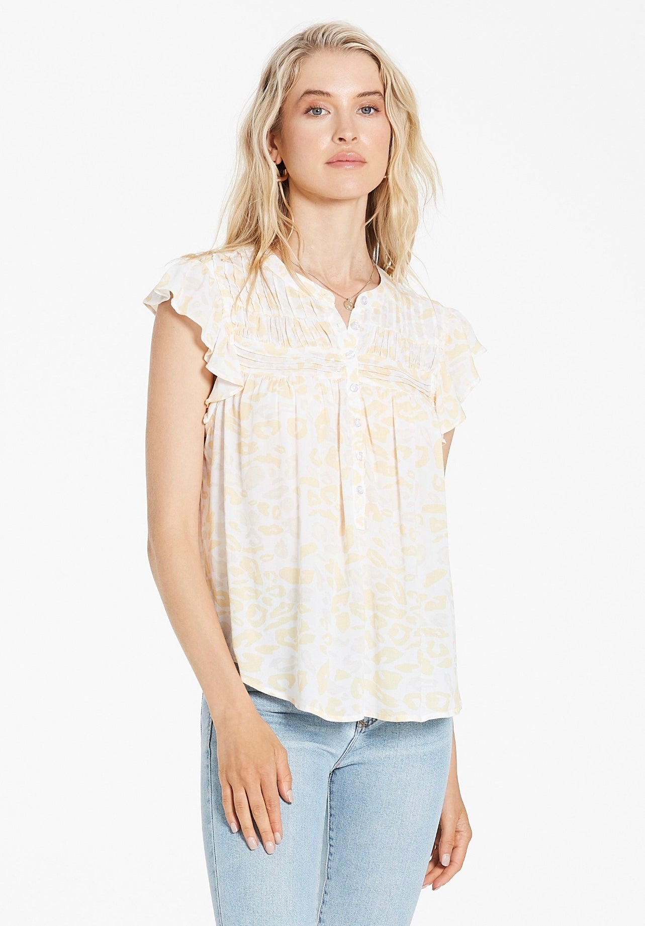 DEAR JOHN Ruffle~Sleeve ROSE Pin~Tuck Top